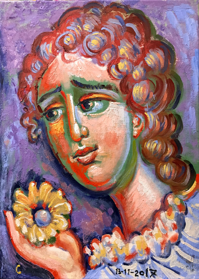 Κορίτσι με μαργαρίτα, 2017, εγκαυστική με λιωμένο κερί, 50*69