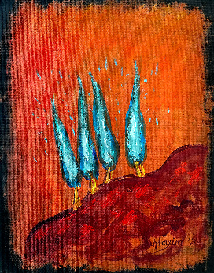 "Solitary Blues at Sunset", acrylic on canvas panel, Bishop Maxim, 2024