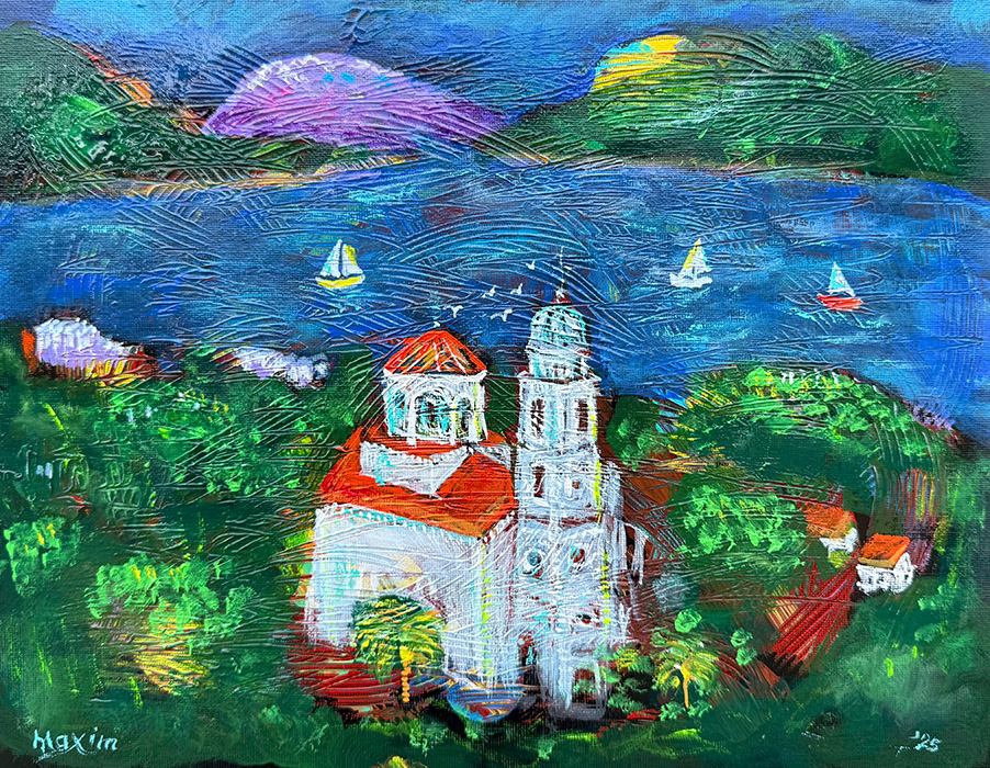 "Sanctuary on the Heights: Savina Monastery", acrylic on canvas panel, Bishop Maxim, 2025