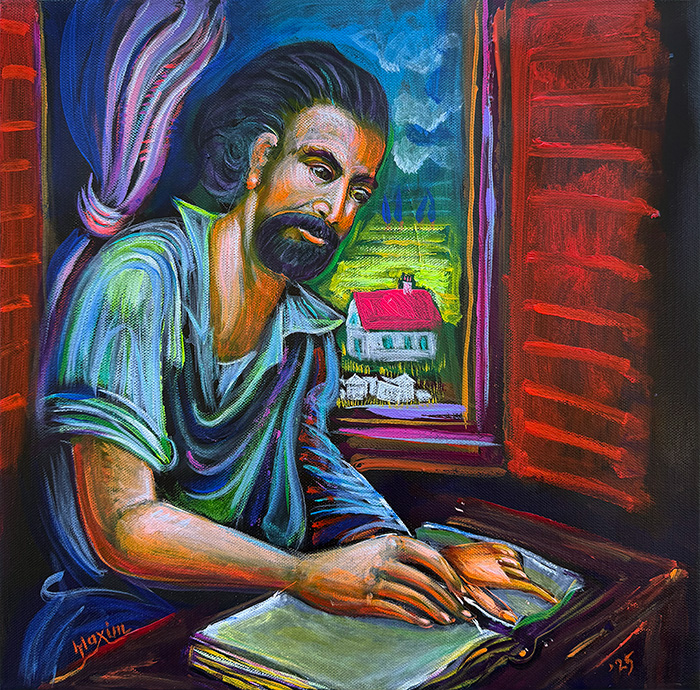 "Mak Dizdar: The Scribe of Silence and Stone", acrylic on canvas, Bishop Maxim, 2025