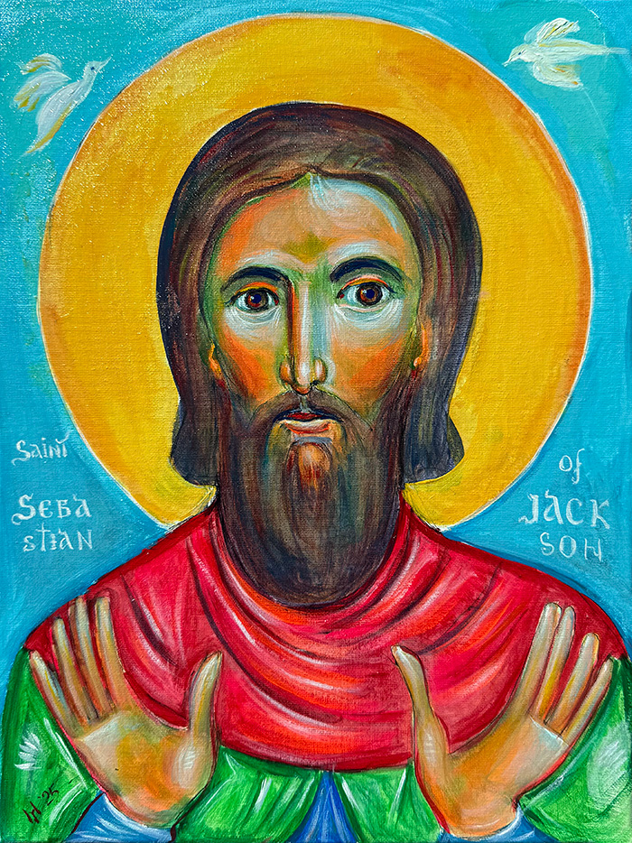 "Saint Sebastian of Jackson: The One Who Listens and Intercedes", acrylic on canvas, Bishop Maxim, 2025