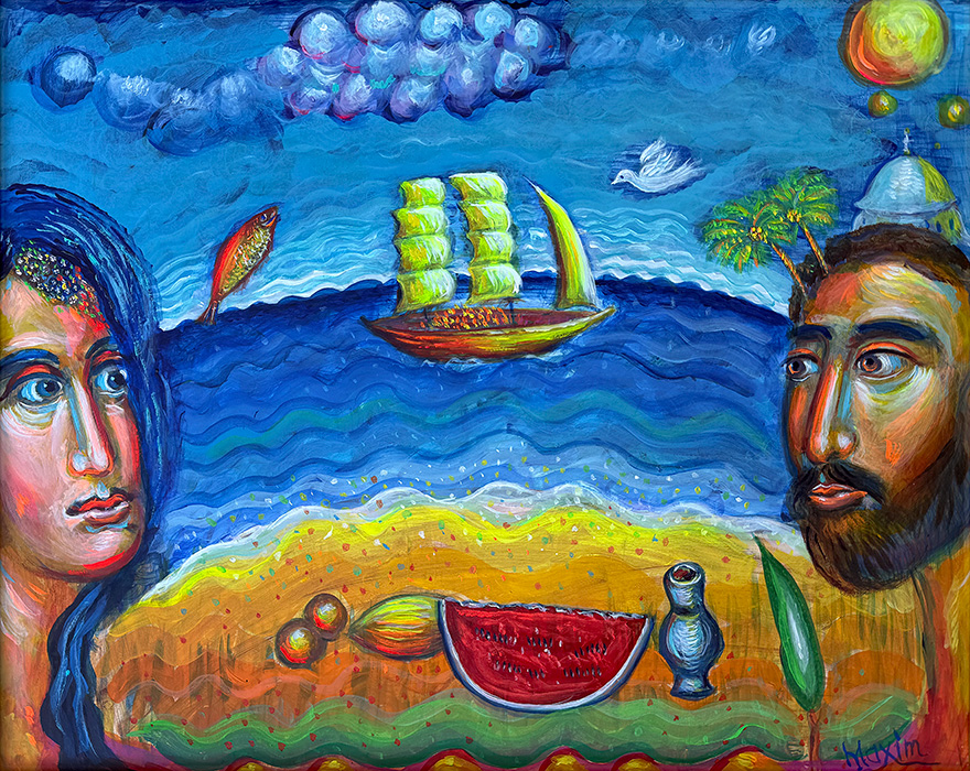 "Dialogue Across the Sea", acrylic on canvas, framed in gilded wood, Bishop Maxim, 2020