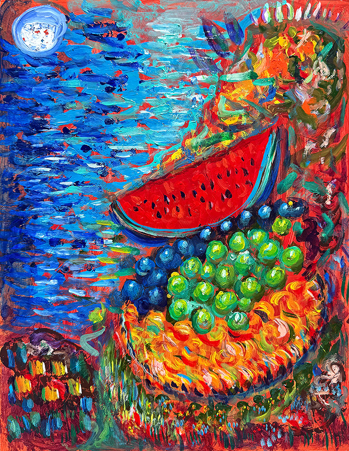 "Moonlit Harvest", acrylic on gesso board, Bishop Maxim, 2025