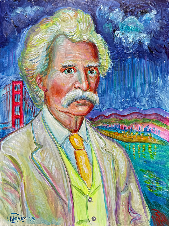 "Mark Twain Over the Golden Gate", acrylic on gesso board, Bishop Maxim, 2025