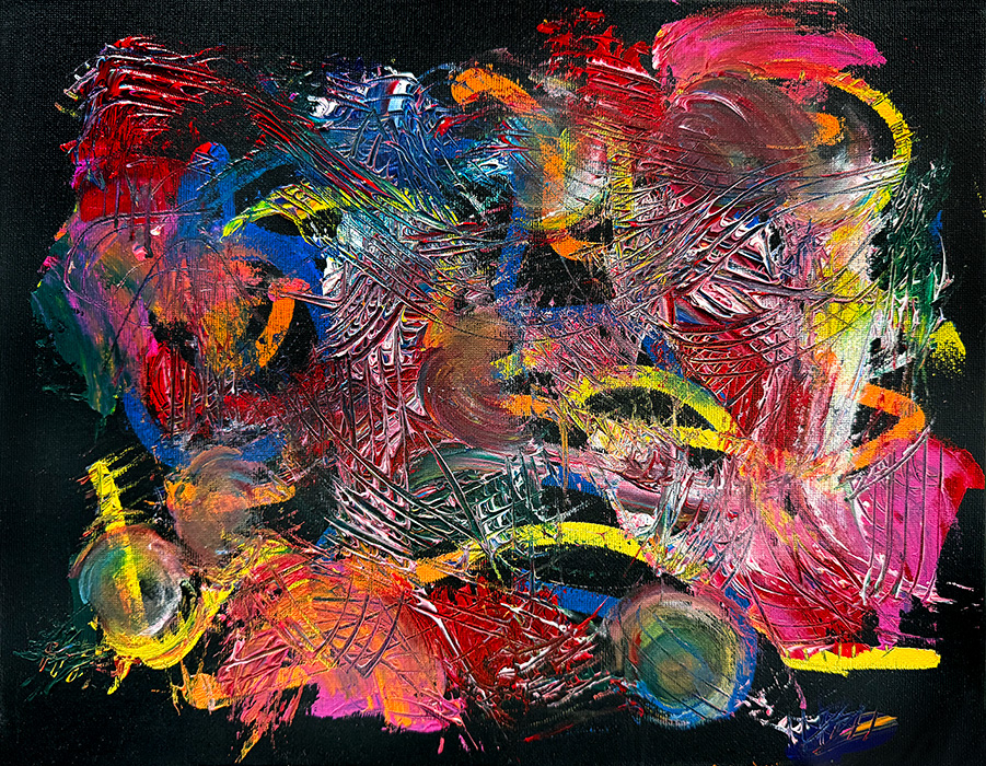 "Currents of the Bay: Hills in Motion, Fog and Neon, Weavings of the Mission, Lombard’s Dream", acrylic on canvas, 2025, Bishop Maxim with Basil, Milorad, and Vladan