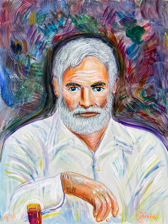 "Portrait of Ernest Hemingway", acrylic on gesso board, Bishop Maxim, San Marino, 2025