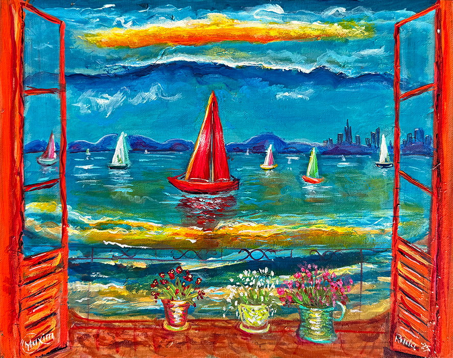 "Red Sail over Sausalito Bay", acrylic on canvas panel, Bishop Maxim and Rada Vasiljević, 2025