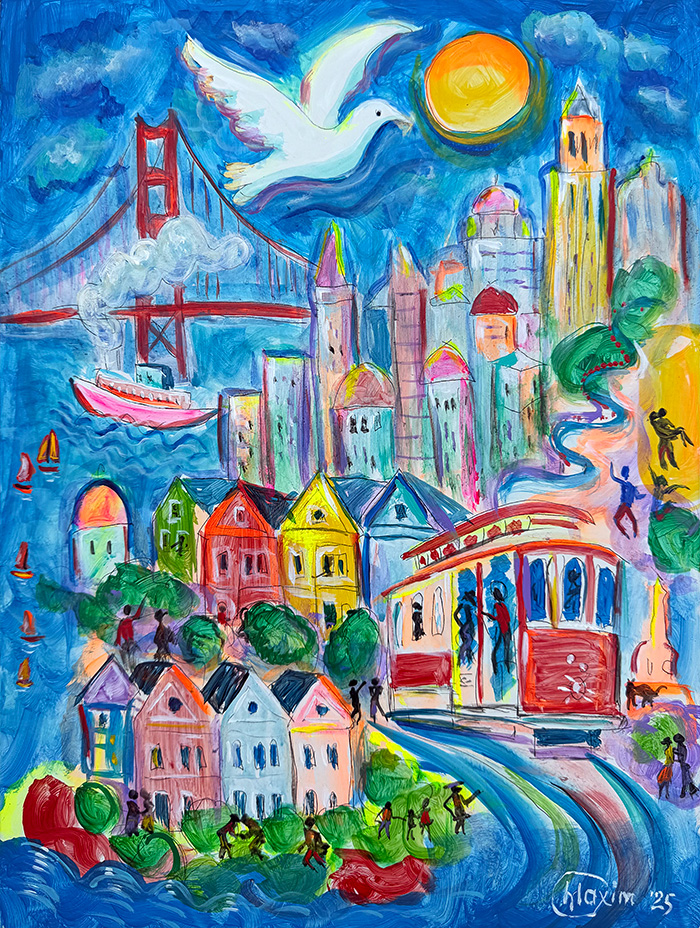 "City of Light and Wings: San Francisco", acrylic on gesso board, Bishop Maxim, 2025