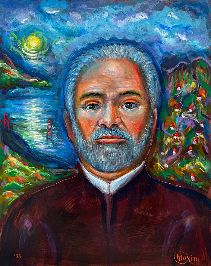 "Elder of the Bay: Portrait Beneath the Luminous Sky", acrylic on gesso board, Bishop Maxim, 2025