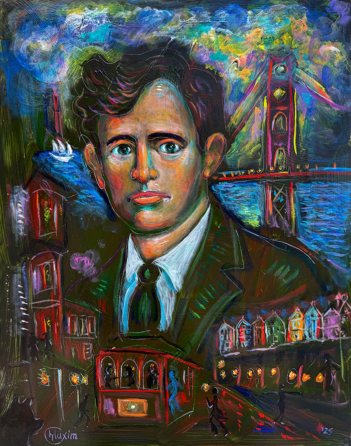 "Jack London: A City Forged in Fire and Fog", acrylic on gesso board, Bishop Maxim, 2025