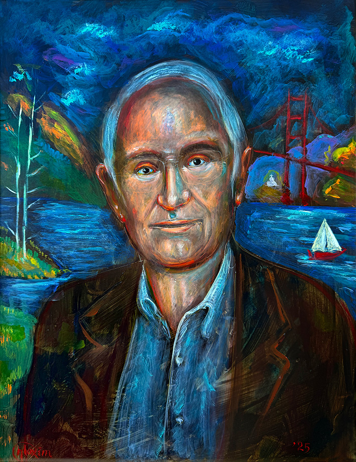 “Between Lakes and Bay", acrylic on gesso board, Bishop Maxim, 2025