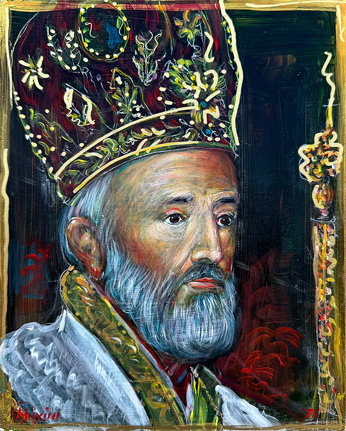 "The Weight of Communion", acrylic on gesso board, Bishop Maxim, 2025