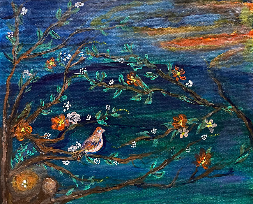 "Chirping at Dawn", acrylic on canvas board, Radmila Vasiljevic, 2026
