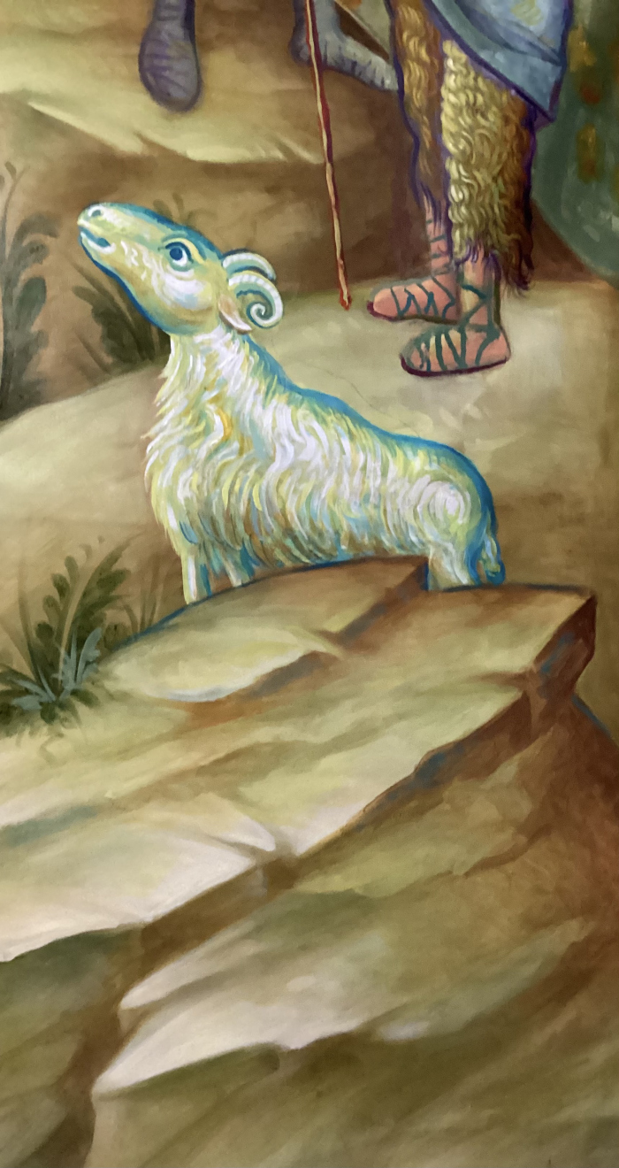 "At the Feet of the Shepherds Ram Gazes Ecstatically", acrylic on canvas, 2023